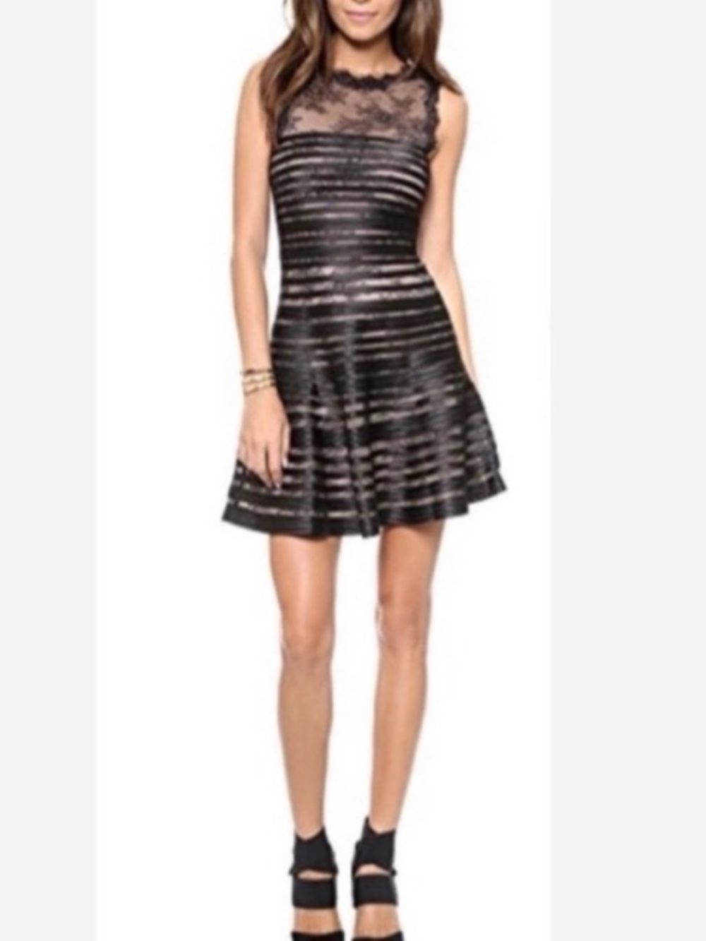 Gianni Bini Black Lace Yoke Striped Mini Dress